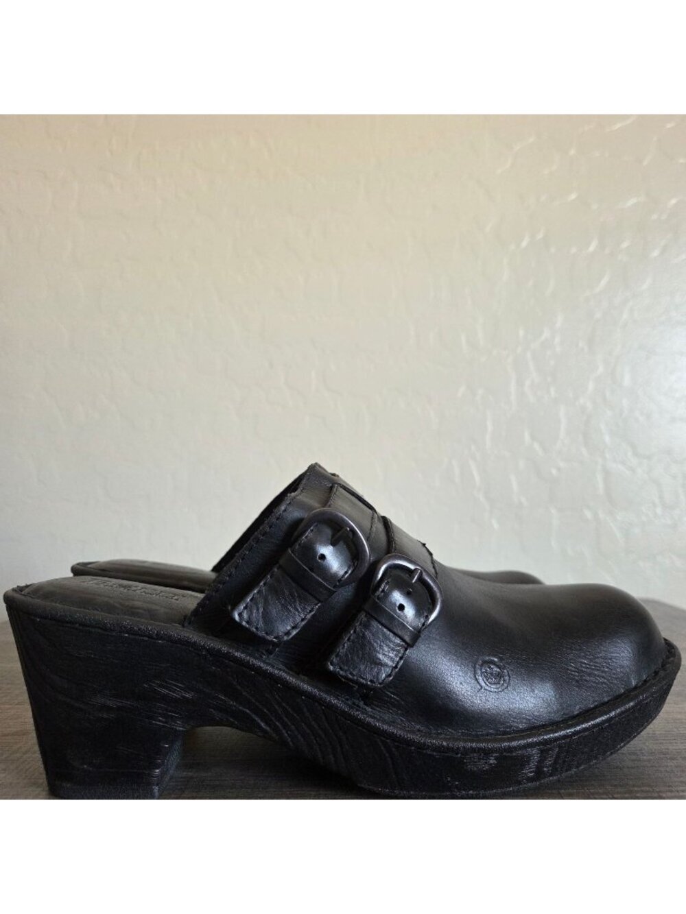 Born Aderyn Black Leather Double Buckle Mule Clogs Women's 9 Slip-On Block Heel